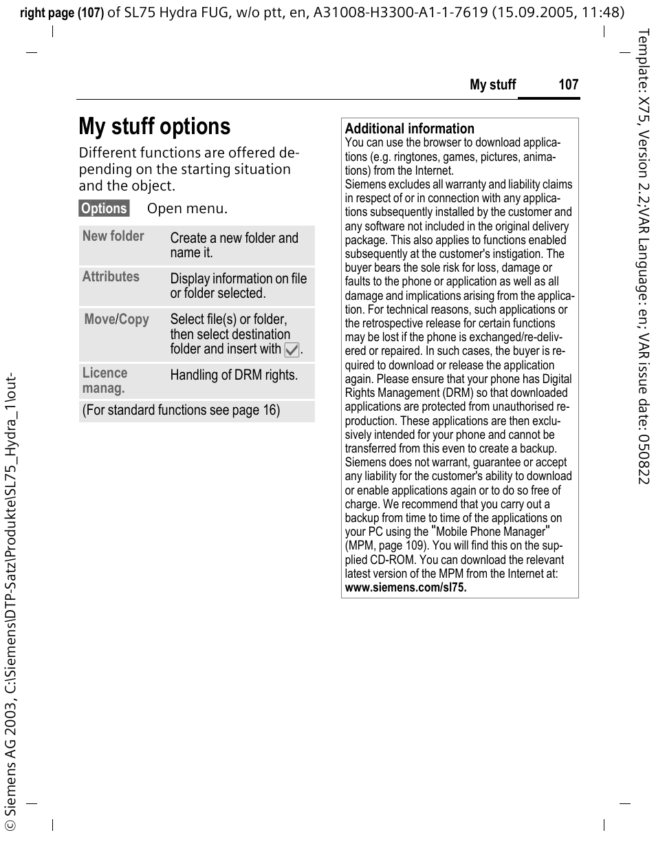 My stuff options | Siemens SL75 User Manual | Page 108 / 139