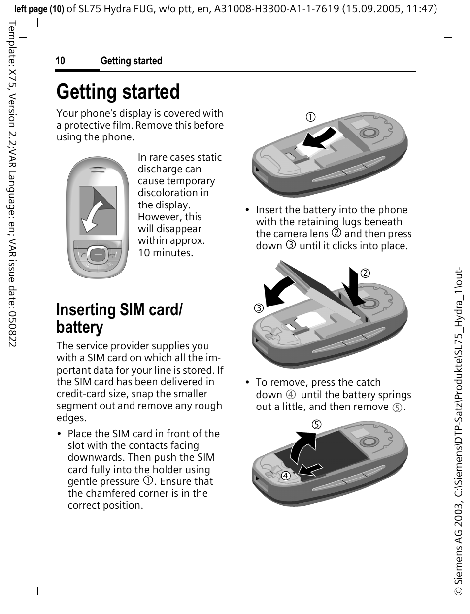 Getting started, Inserting sim card/ battery, Inserting sim card | Battery | Siemens SL75 User Manual | Page 11 / 139