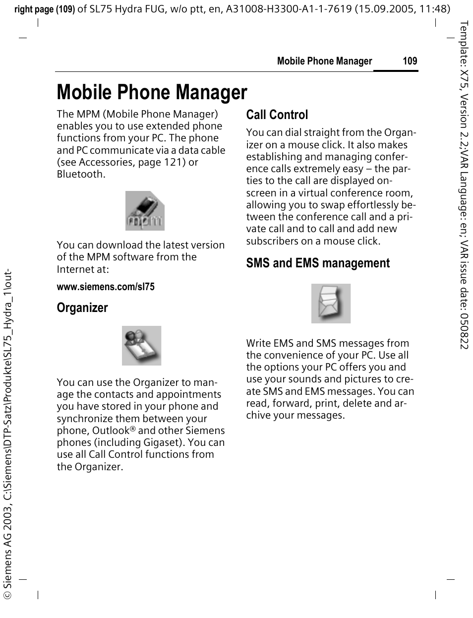 Mobile phone manager, Organizer, Call control | Sms and ems management | Siemens SL75 User Manual | Page 110 / 139