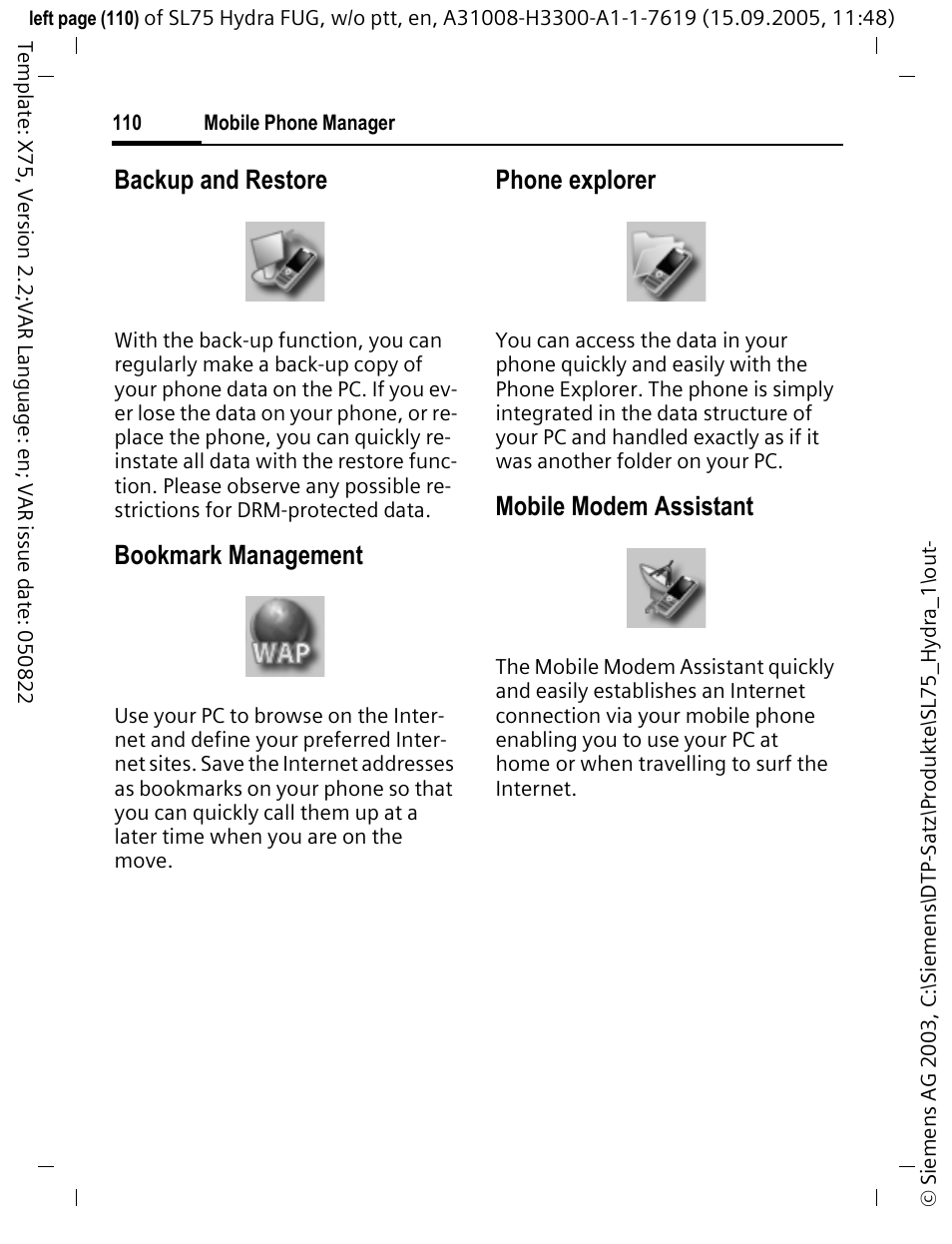 Backup and restore, Bookmark management, Phone explorer | Mobile modem assistant | Siemens SL75 User Manual | Page 111 / 139