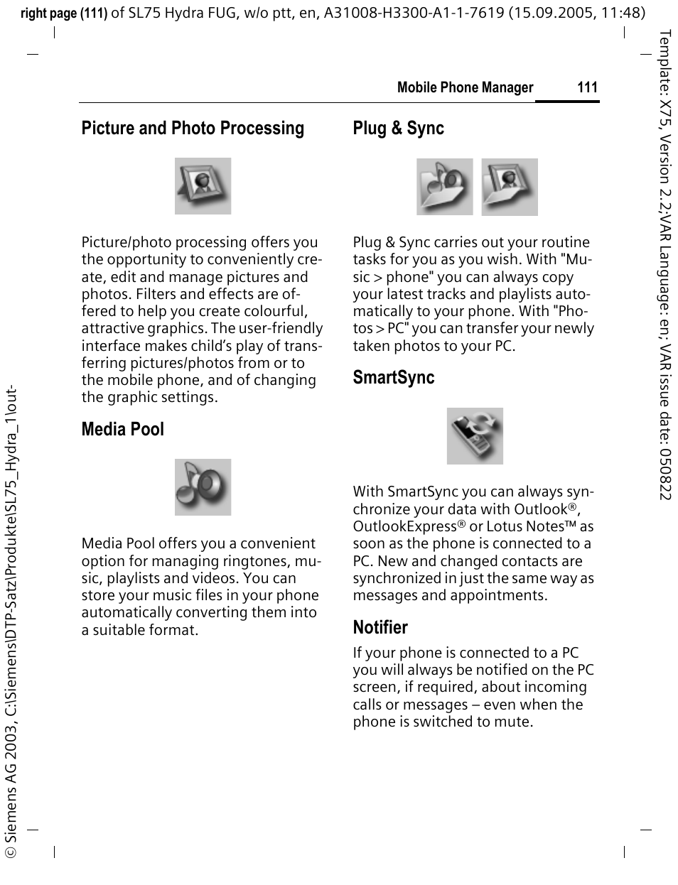 Picture and photo processing, Media pool, Plug & sync | Smartsync, Notifier | Siemens SL75 User Manual | Page 112 / 139