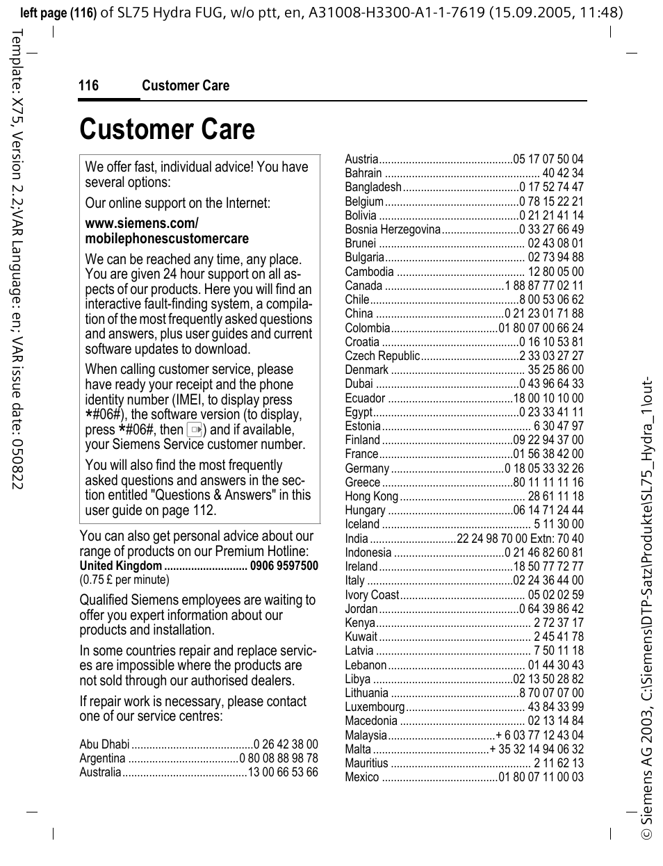 Customer care | Siemens SL75 User Manual | Page 117 / 139