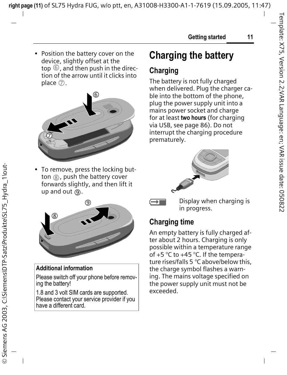 Charging the battery, Charging, Charging time | Siemens SL75 User Manual | Page 12 / 139