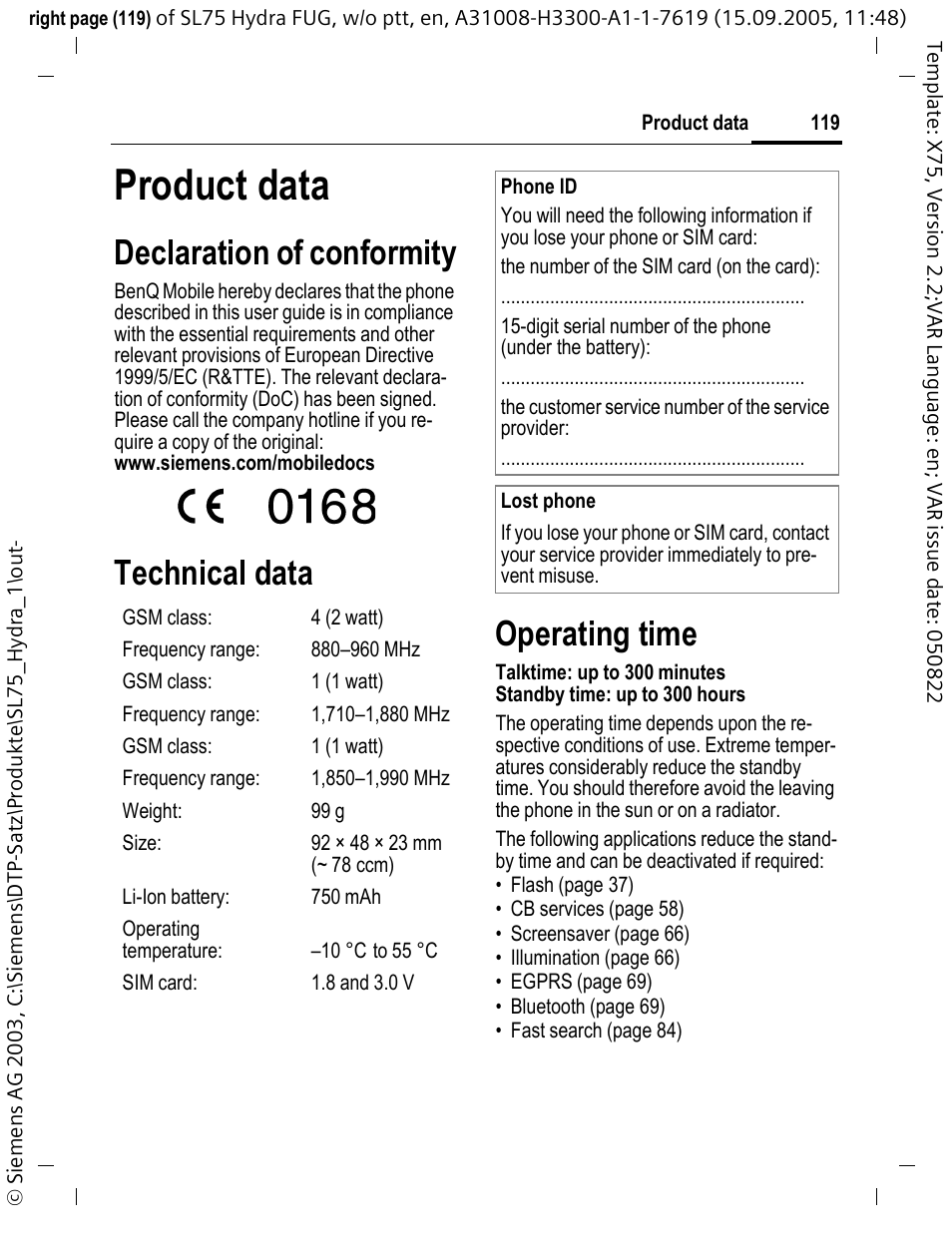 Product data, Declaration of conformity, Technical data operating time | Siemens SL75 User Manual | Page 120 / 139