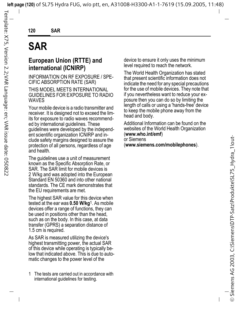 European union (rtte) and international (icnirp) | Siemens SL75 User Manual | Page 121 / 139