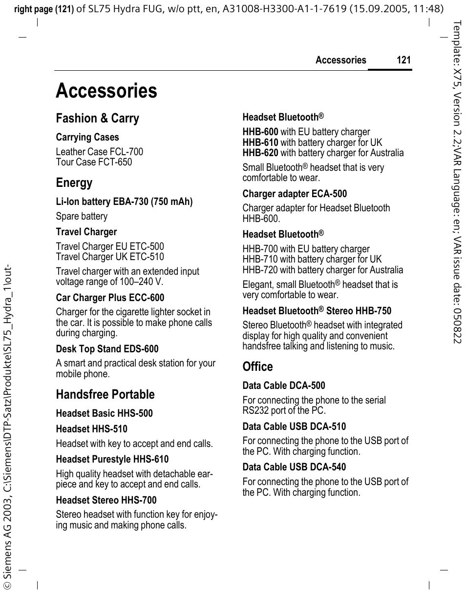 Accessories, Fashion & carry, Energy | Handsfree portable, Office | Siemens SL75 User Manual | Page 122 / 139