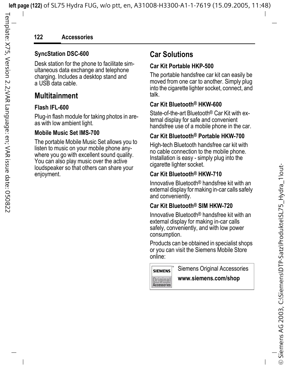 Multitainment, Car solutions | Siemens SL75 User Manual | Page 123 / 139