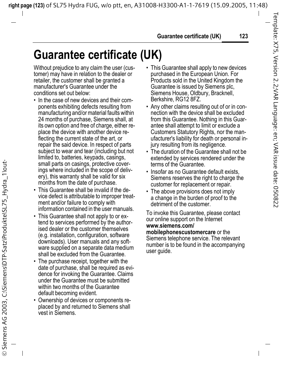 Guarantee certificate (uk) | Siemens SL75 User Manual | Page 124 / 139