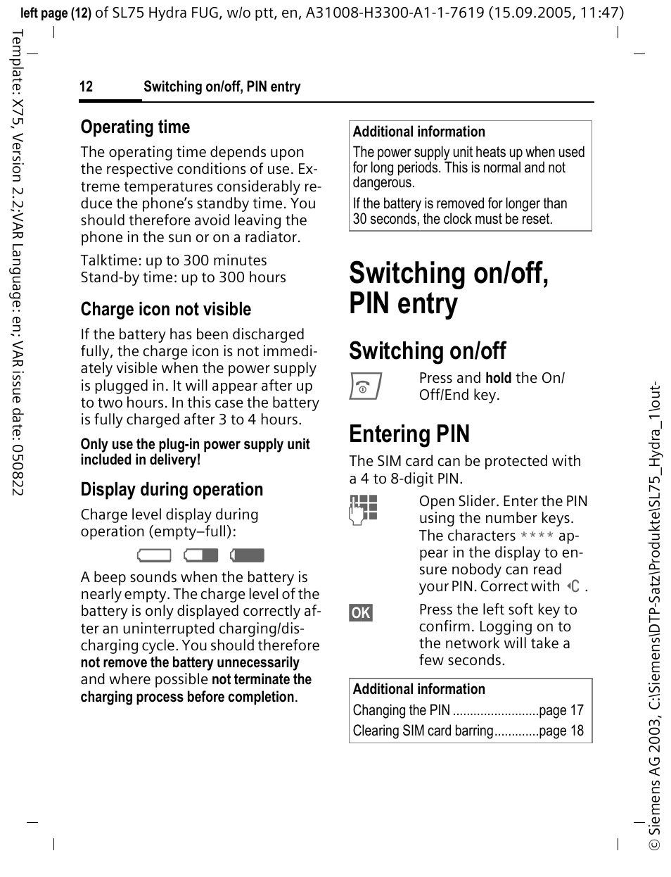 Switching on/off, pin entry, Эю я, Switching on/off | Entering pin | Siemens SL75 User Manual | Page 13 / 139