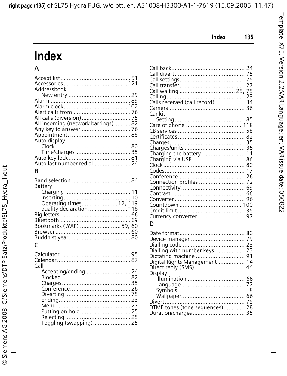 Index | Siemens SL75 User Manual | Page 136 / 139