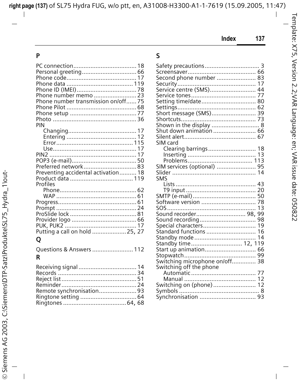 Siemens SL75 User Manual | Page 138 / 139