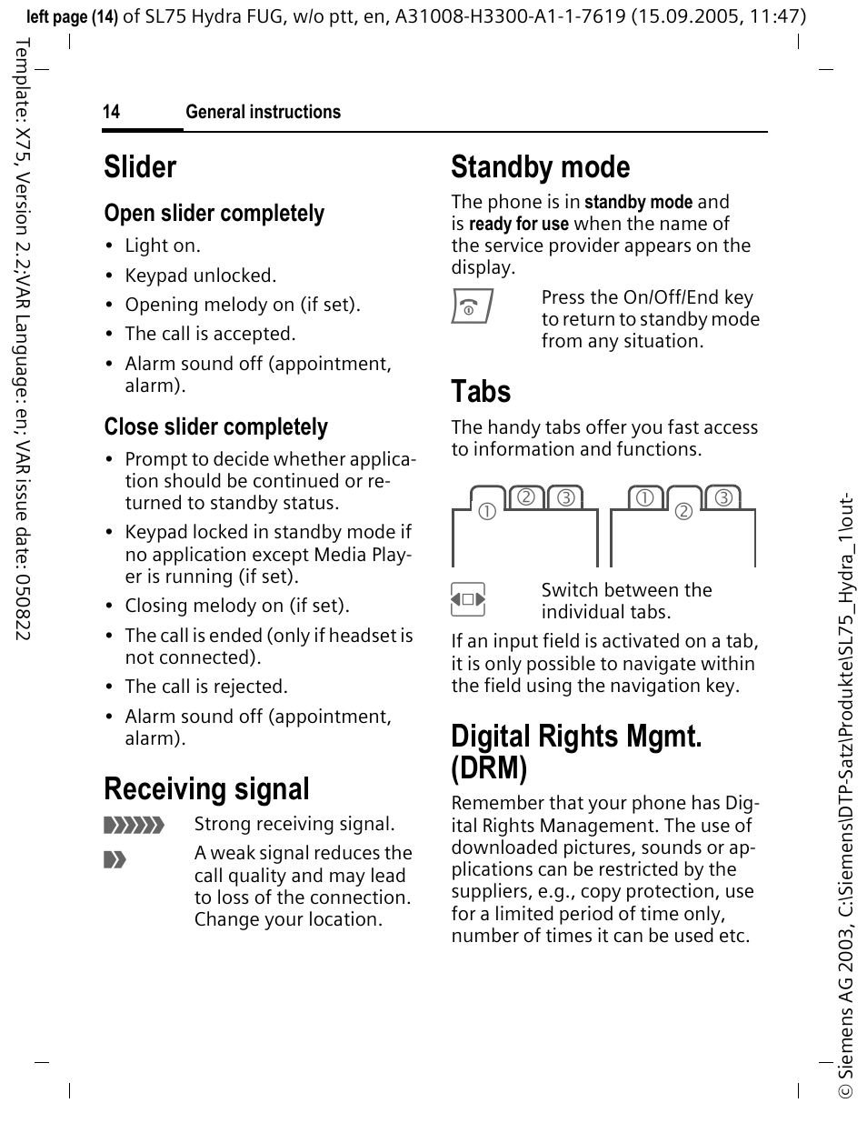 Slider, Standby mode, Tabs | Digital rights mgmt. (drm), Receiving signal | Siemens SL75 User Manual | Page 15 / 139