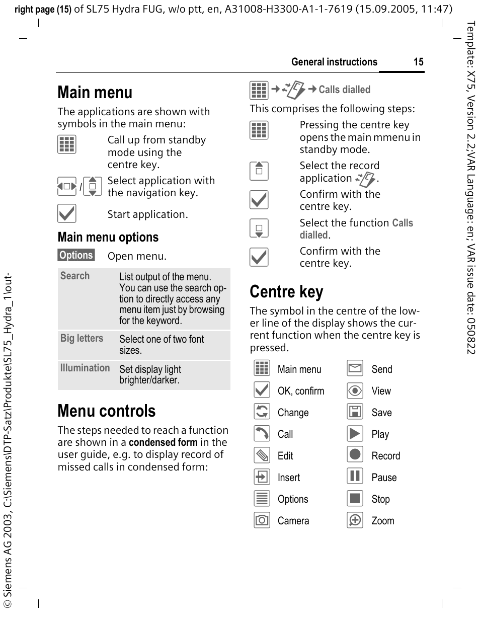 Menu controls, Centre key, Main menu | Siemens SL75 User Manual | Page 16 / 139