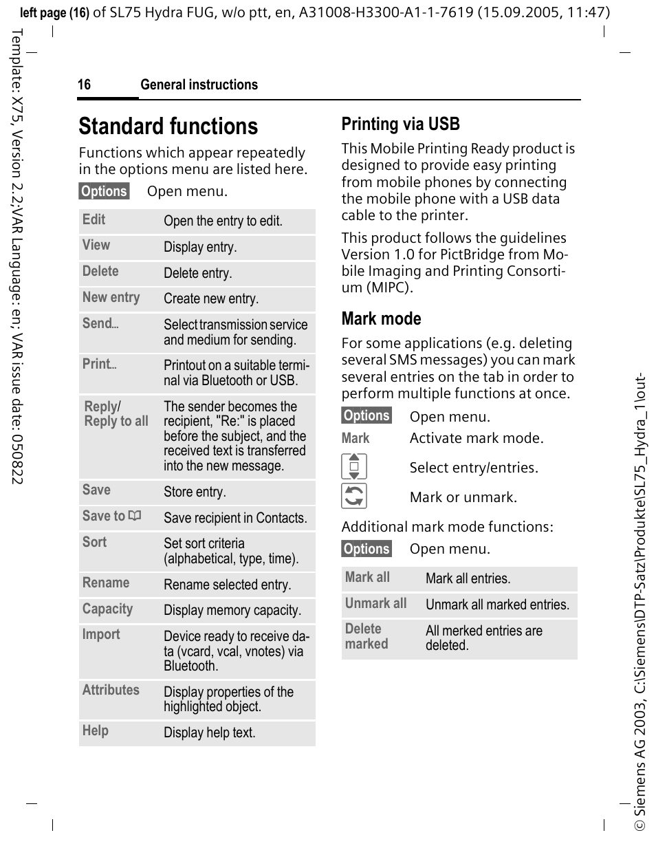 Standard functions, Printing via usb, Mark mode | Siemens SL75 User Manual | Page 17 / 139