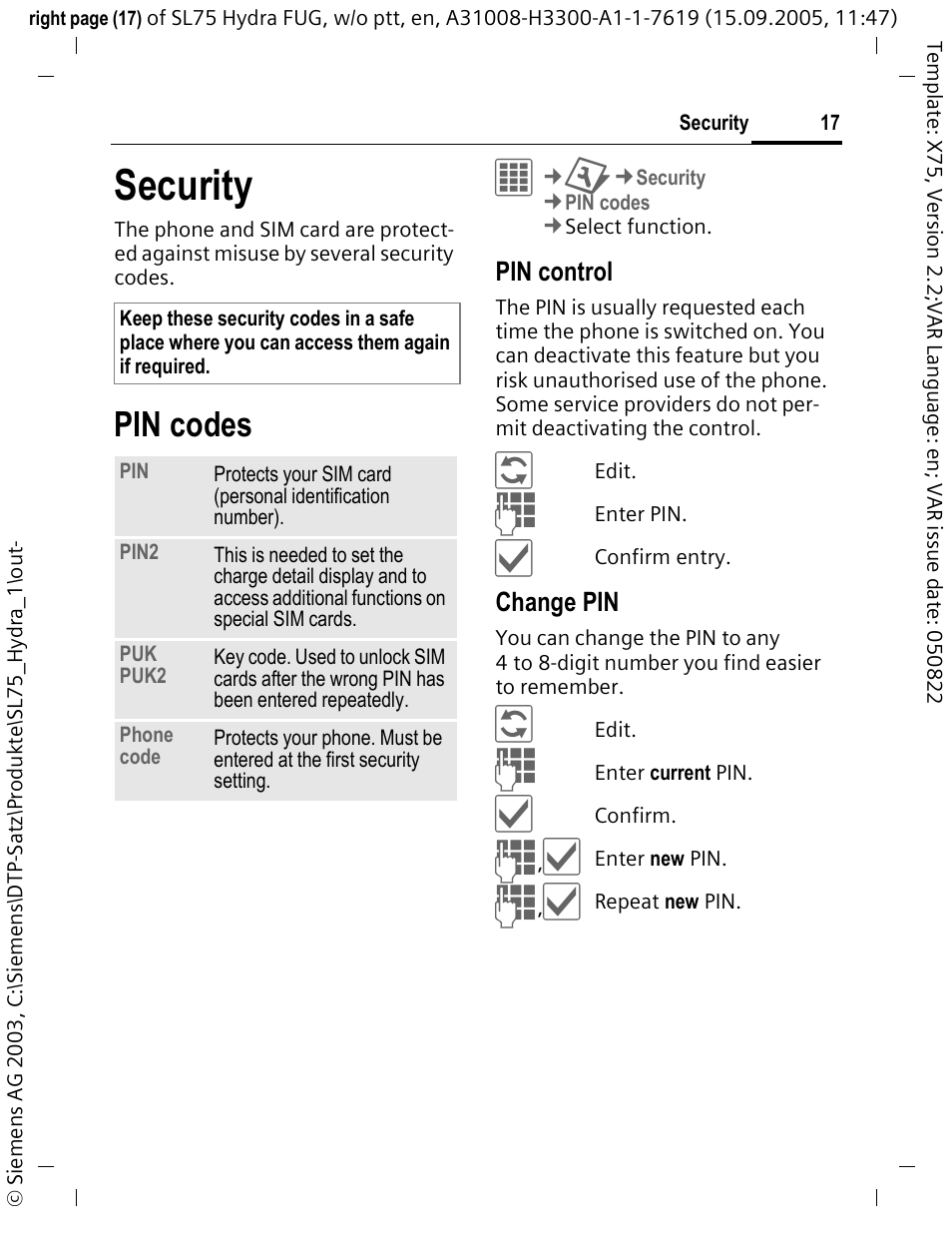 Security, Pin codes | Siemens SL75 User Manual | Page 18 / 139