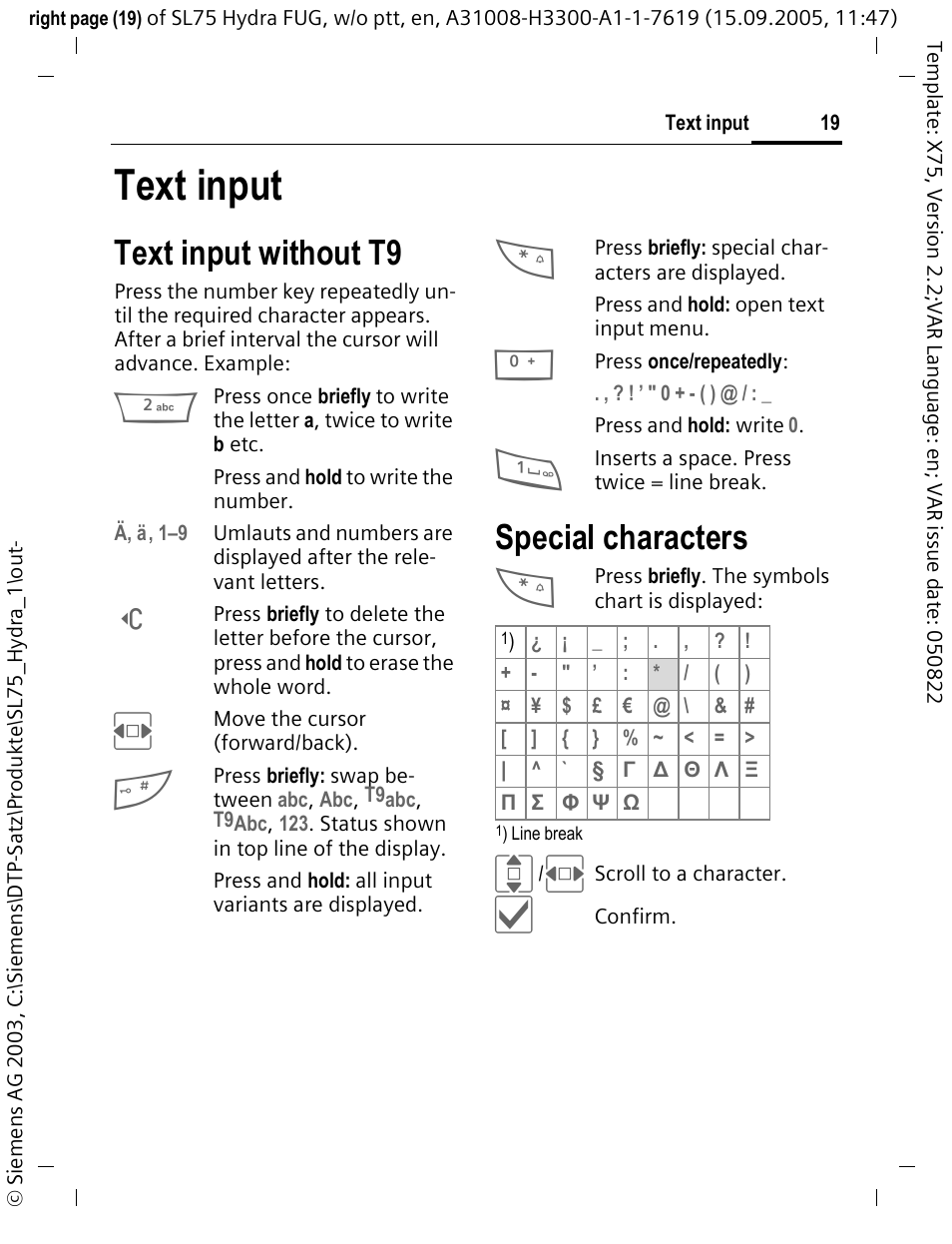 Text input, Text input without t9, Special characters | Siemens SL75 User Manual | Page 20 / 139