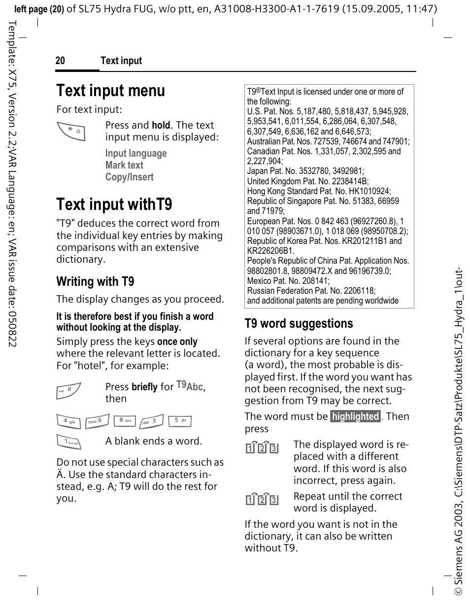 Text input menu, Text input witht9, Writing with t9 | T9 word suggestions | Siemens SL75 User Manual | Page 21 / 139