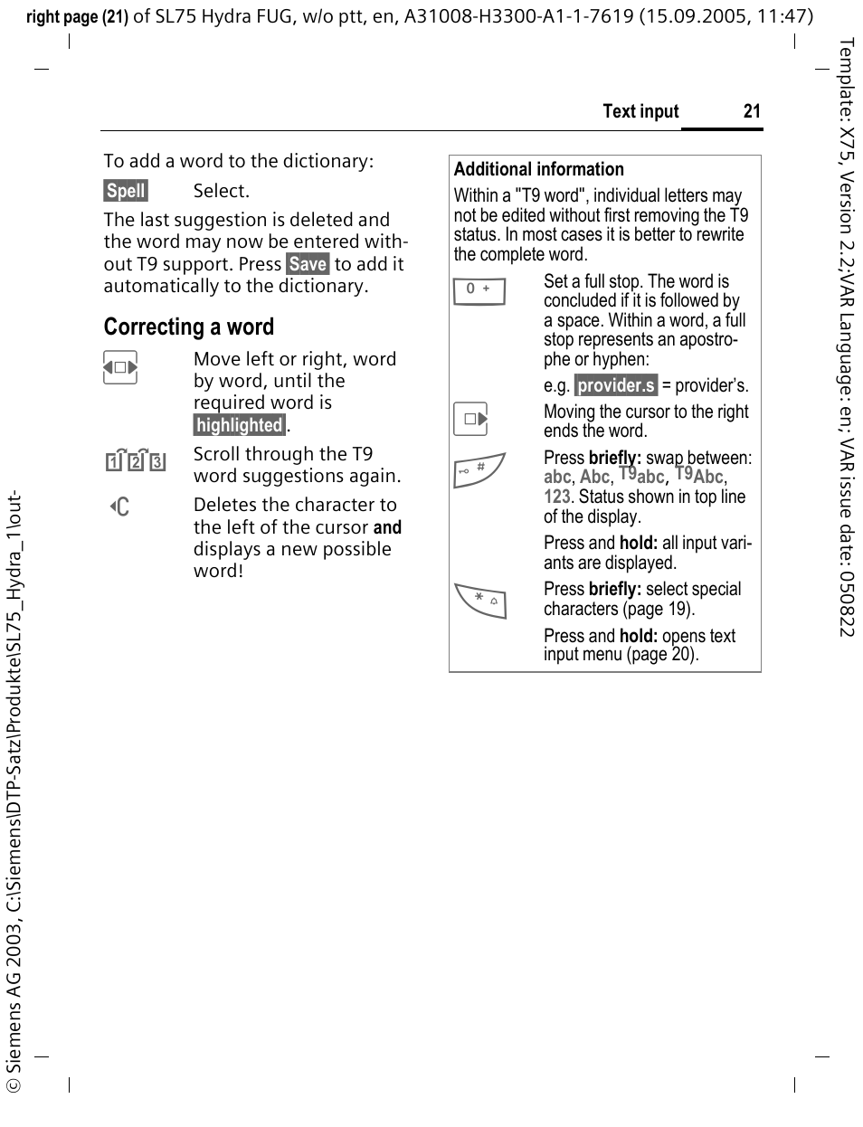 Correcting a word | Siemens SL75 User Manual | Page 22 / 139