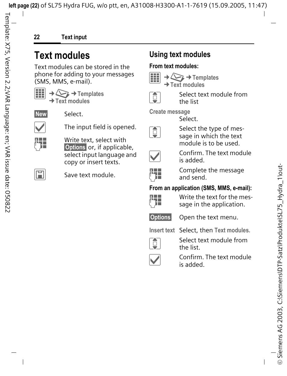 Text modules | Siemens SL75 User Manual | Page 23 / 139