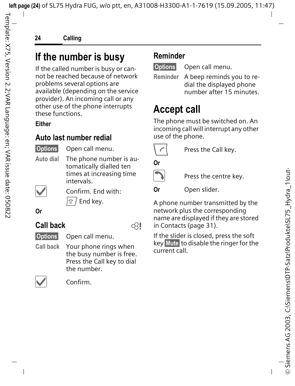 Accept call, If the number is busy, Auto last number redial | Call back b, Reminder | Siemens SL75 User Manual | Page 25 / 139