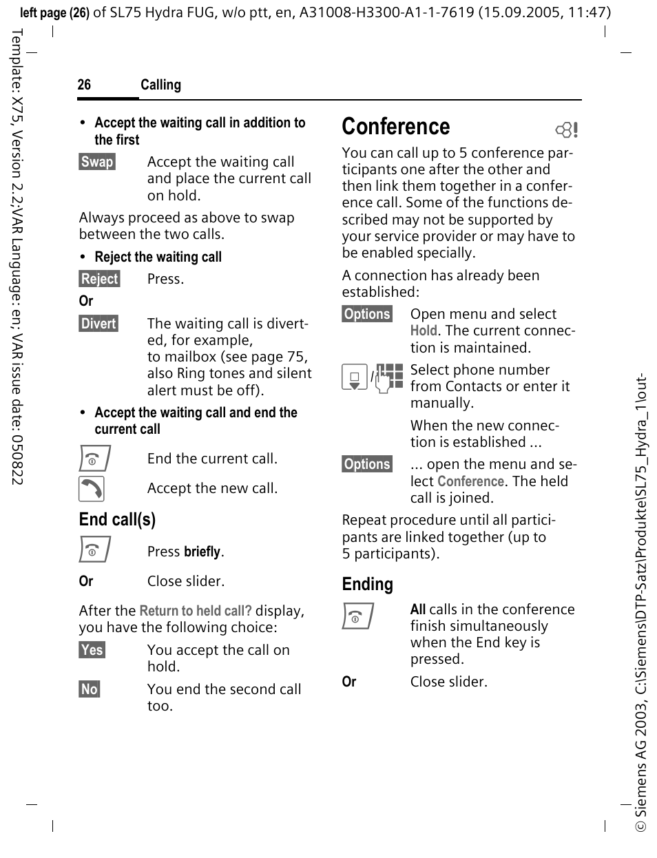 Conference b, Conference, End call(s) | Ending | Siemens SL75 User Manual | Page 27 / 139