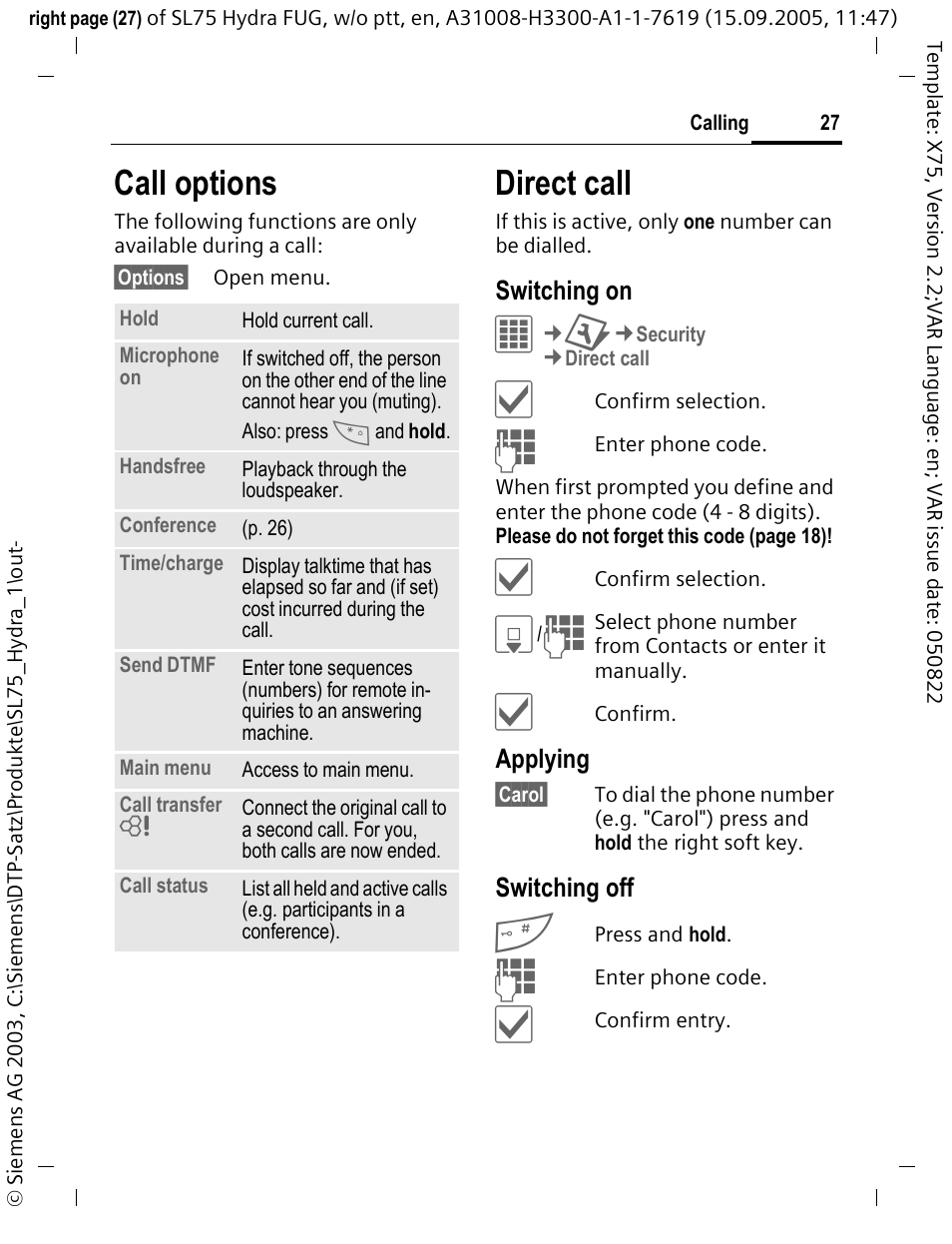 Call options, Direct call | Siemens SL75 User Manual | Page 28 / 139