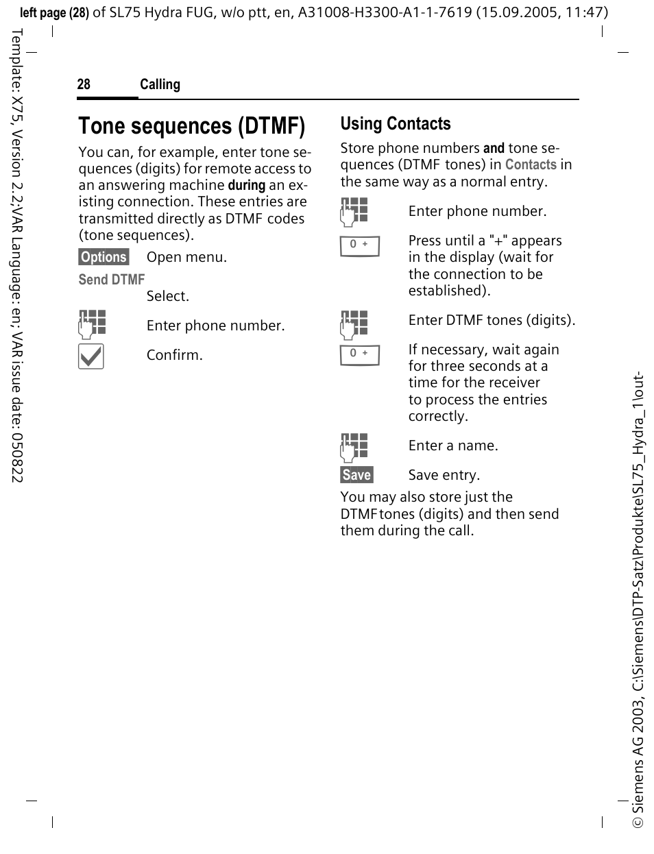 Tone sequences (dtmf) | Siemens SL75 User Manual | Page 29 / 139