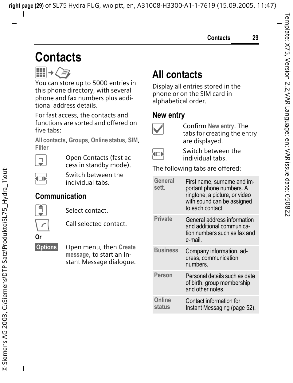 Contacts, All contacts | Siemens SL75 User Manual | Page 30 / 139