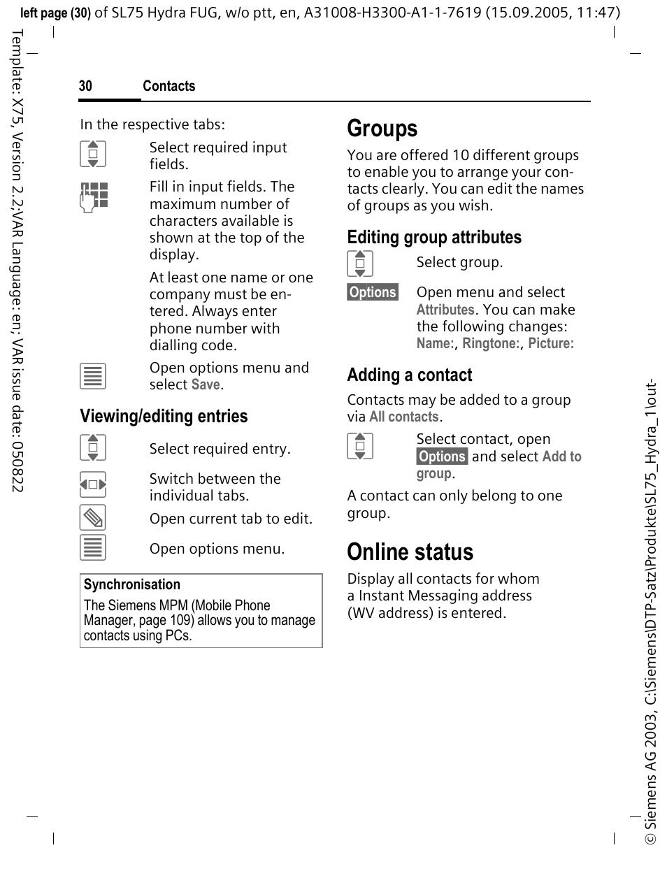 Groups, Online status | Siemens SL75 User Manual | Page 31 / 139