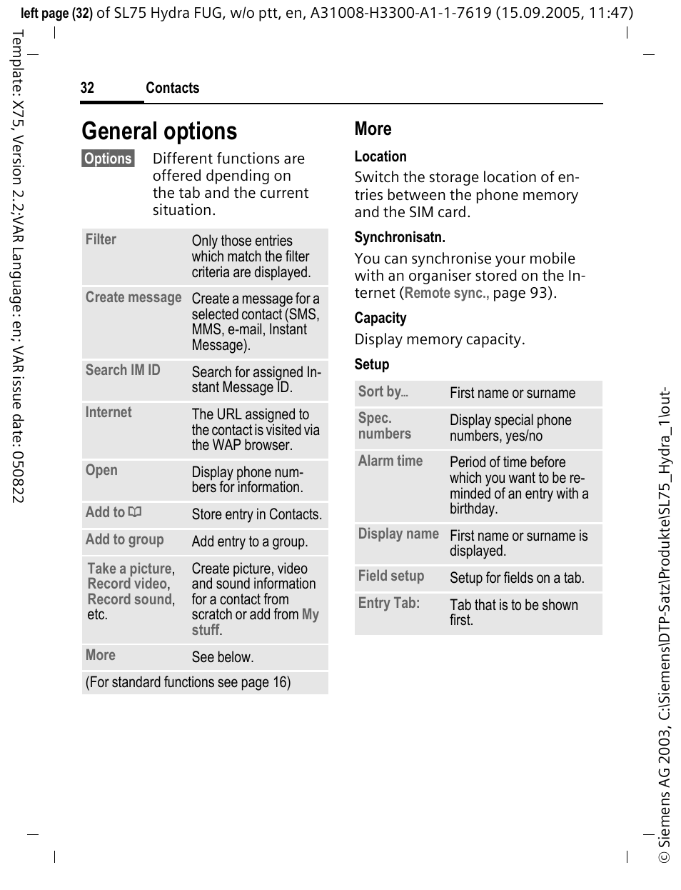 General options, More | Siemens SL75 User Manual | Page 33 / 139