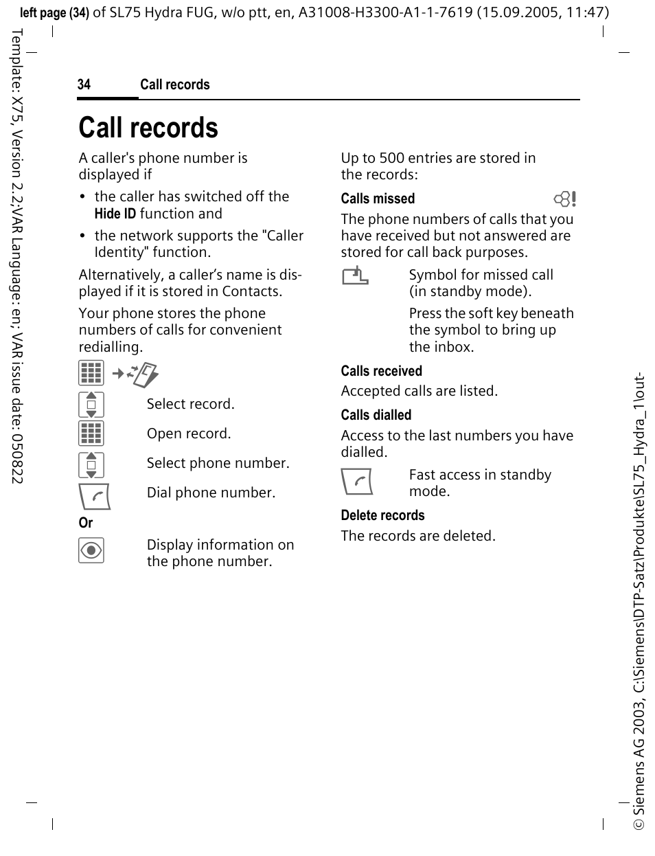 Call records | Siemens SL75 User Manual | Page 35 / 139