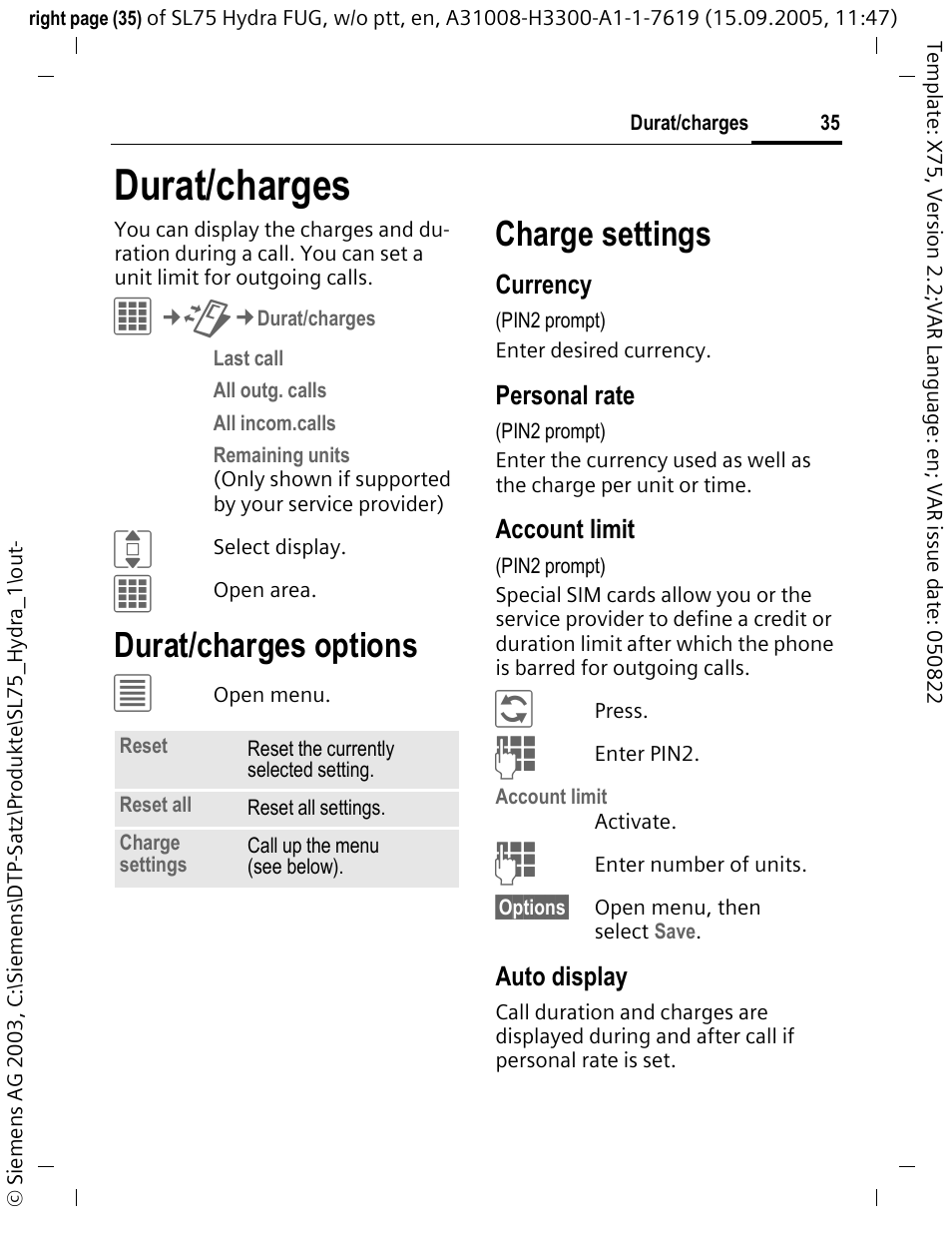 Durat/charges, Durat/charges options, Charge settings | Siemens SL75 User Manual | Page 36 / 139