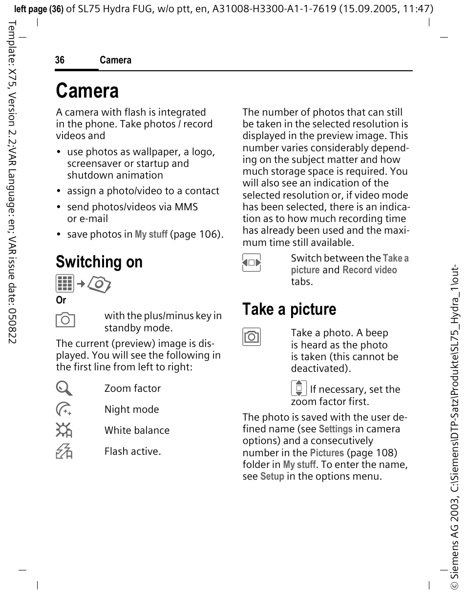 Camera, Switching on, Take a picture | Siemens SL75 User Manual | Page 37 / 139