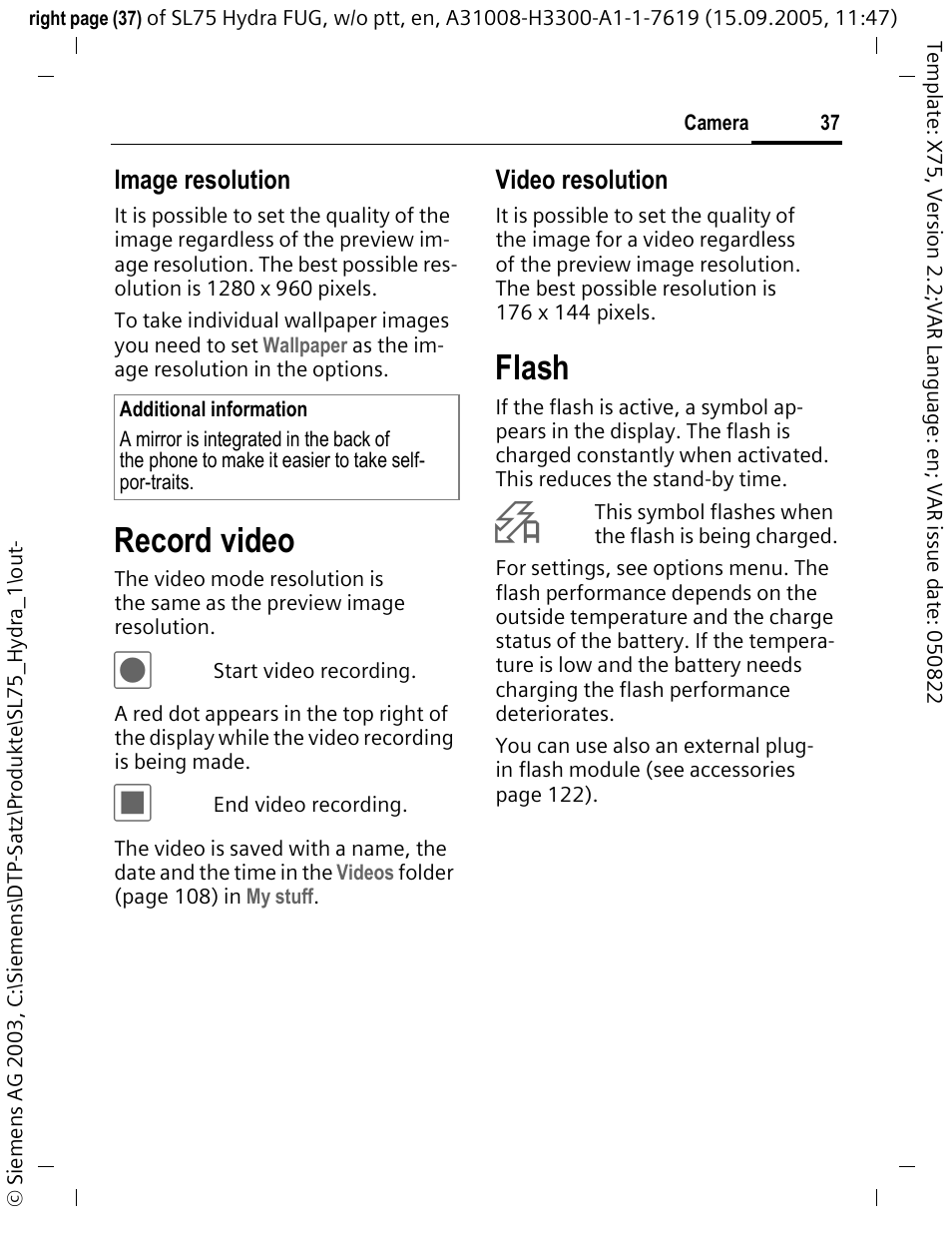 Record video, Flash, Image resolution | Video resolution | Siemens SL75 User Manual | Page 38 / 139