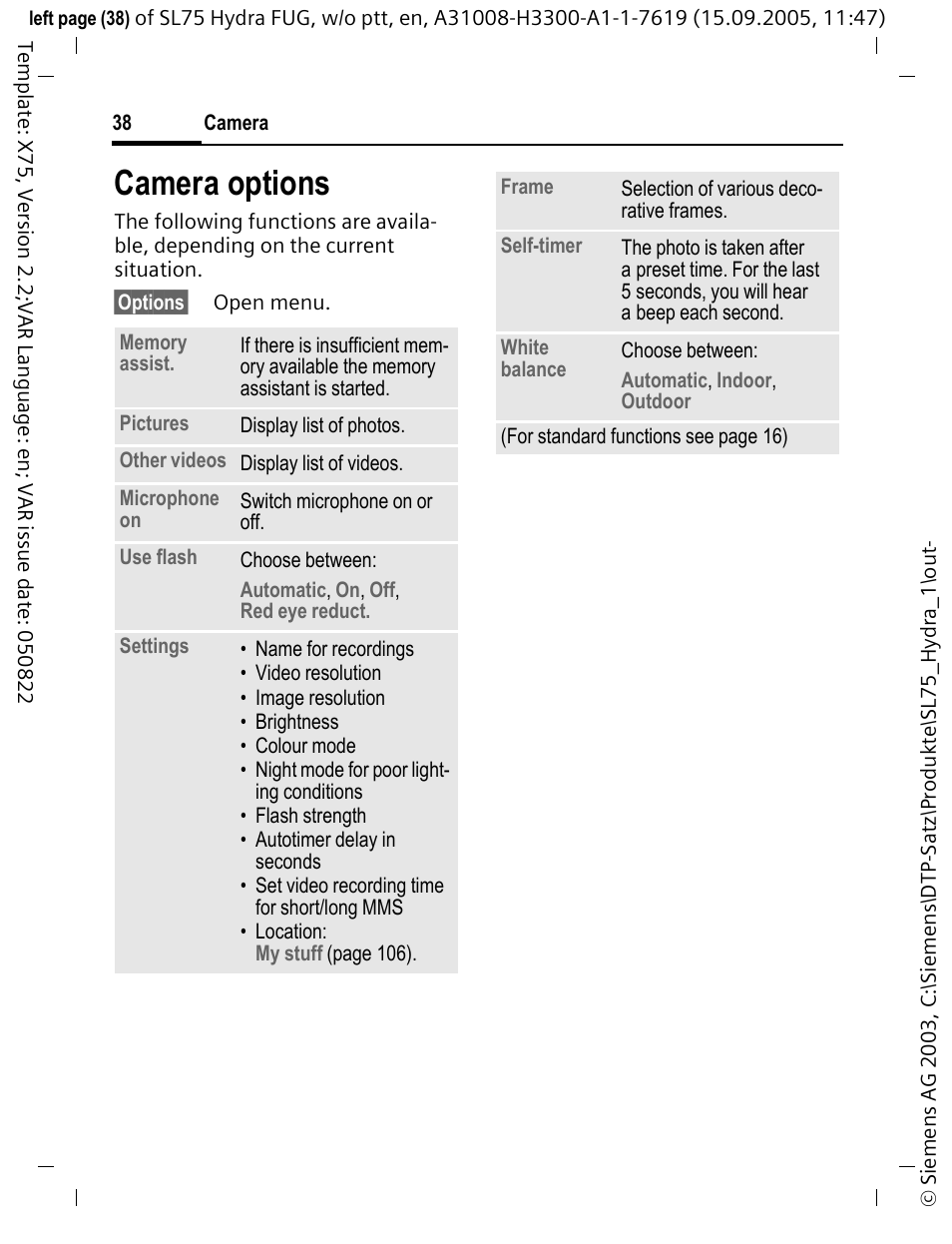 Camera options | Siemens SL75 User Manual | Page 39 / 139