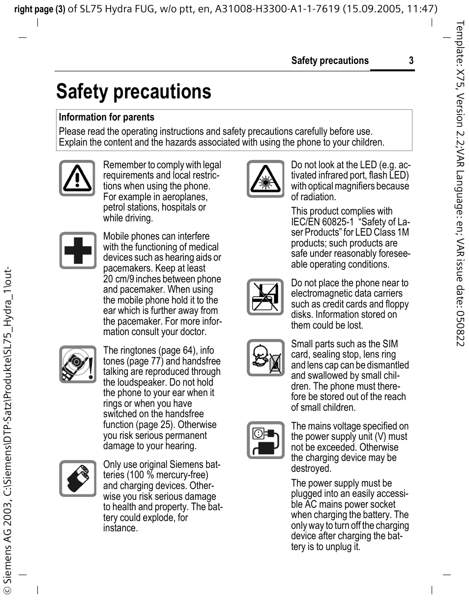 Safety precautions | Siemens SL75 User Manual | Page 4 / 139