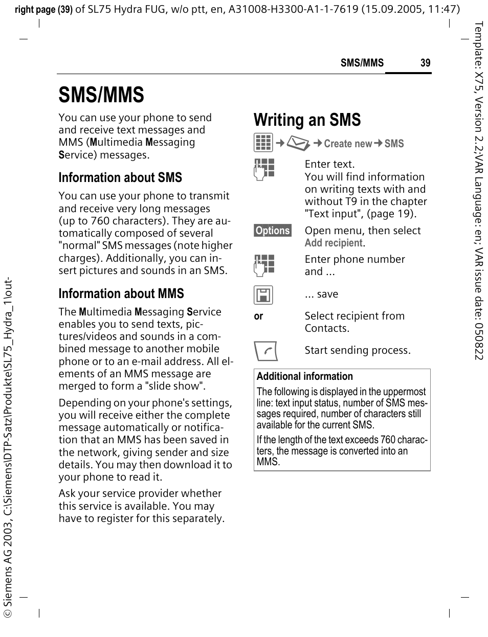 Sms/mms, Writing an sms | Siemens SL75 User Manual | Page 40 / 139