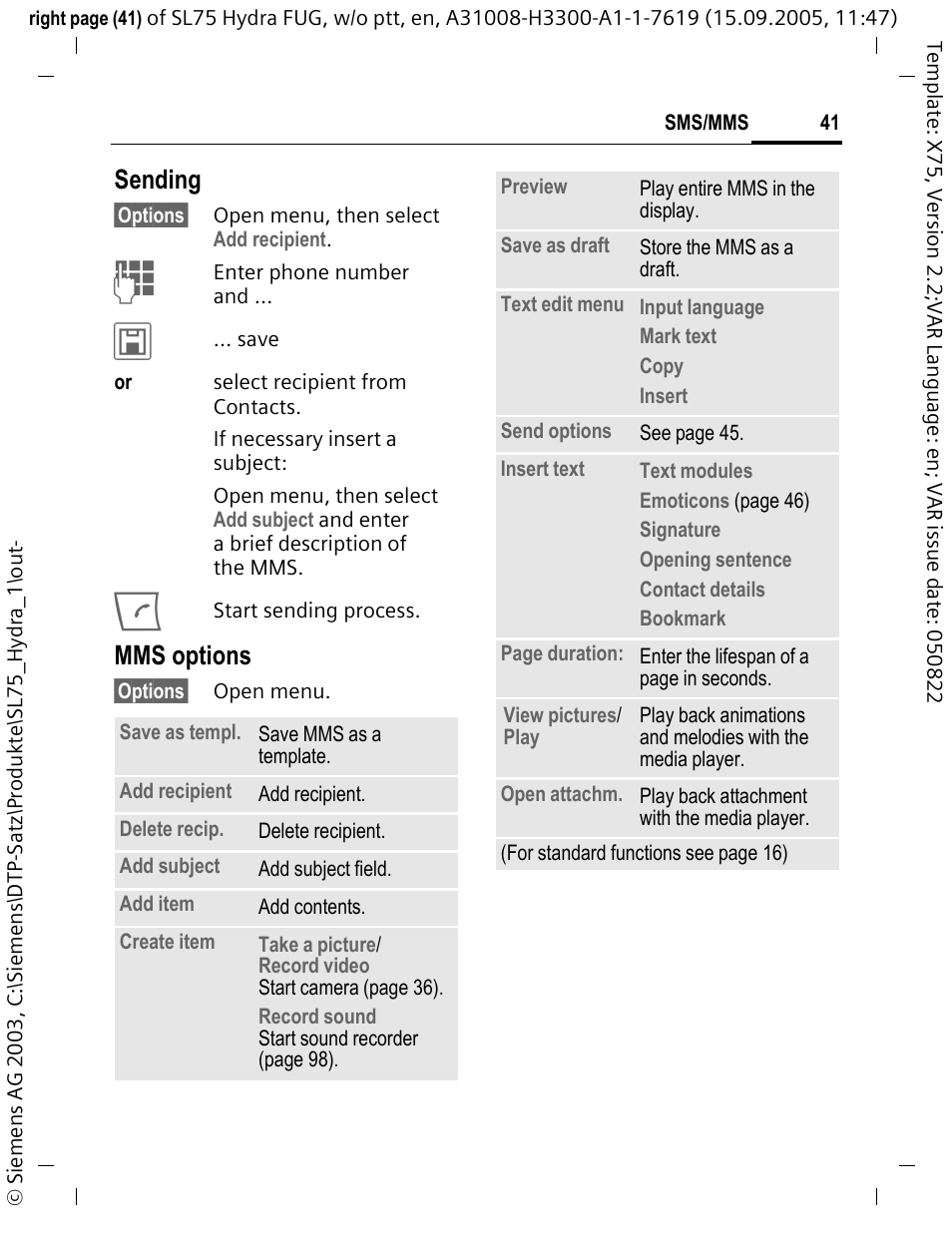 Sending, Mms options | Siemens SL75 User Manual | Page 42 / 139