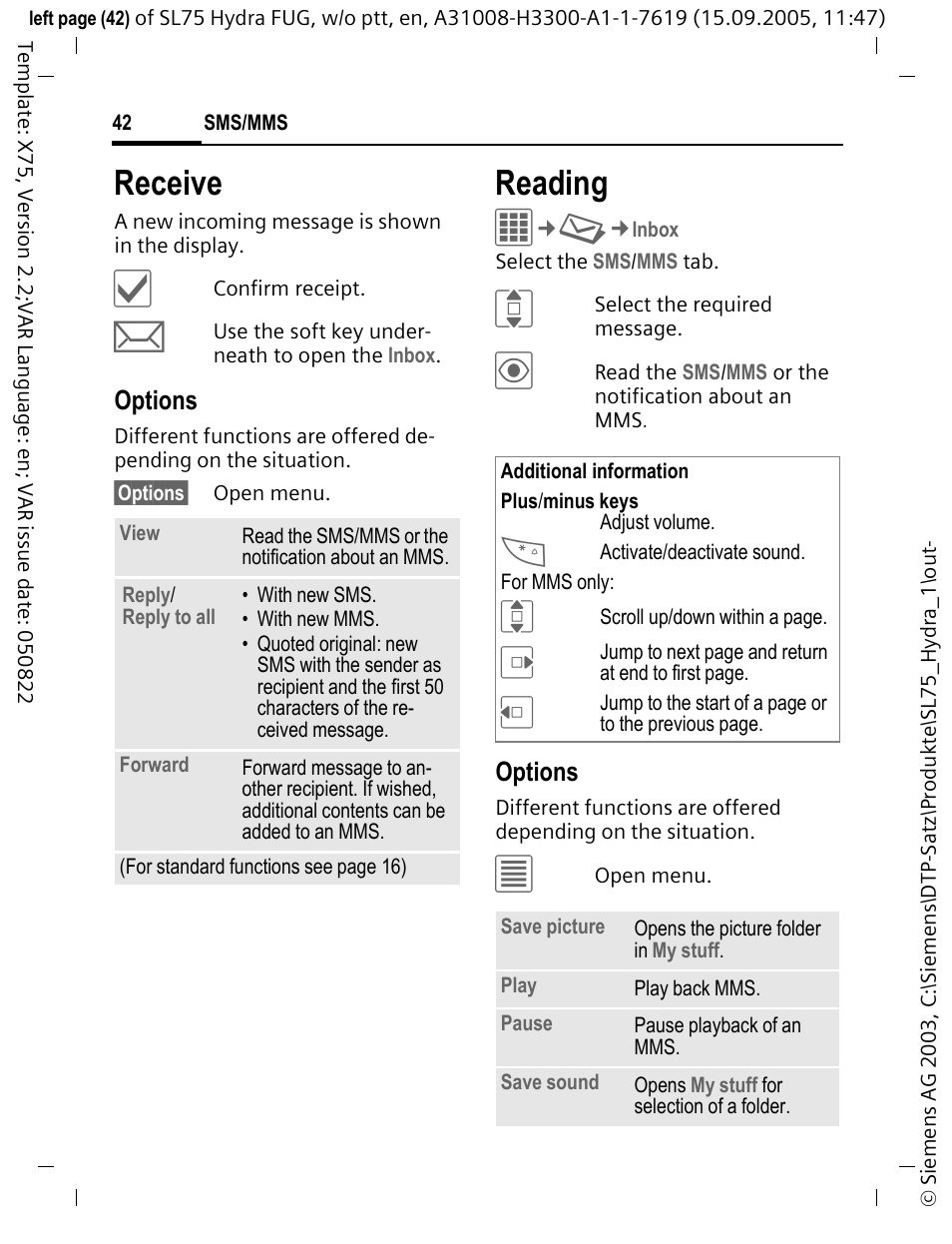 Receive, Reading | Siemens SL75 User Manual | Page 43 / 139