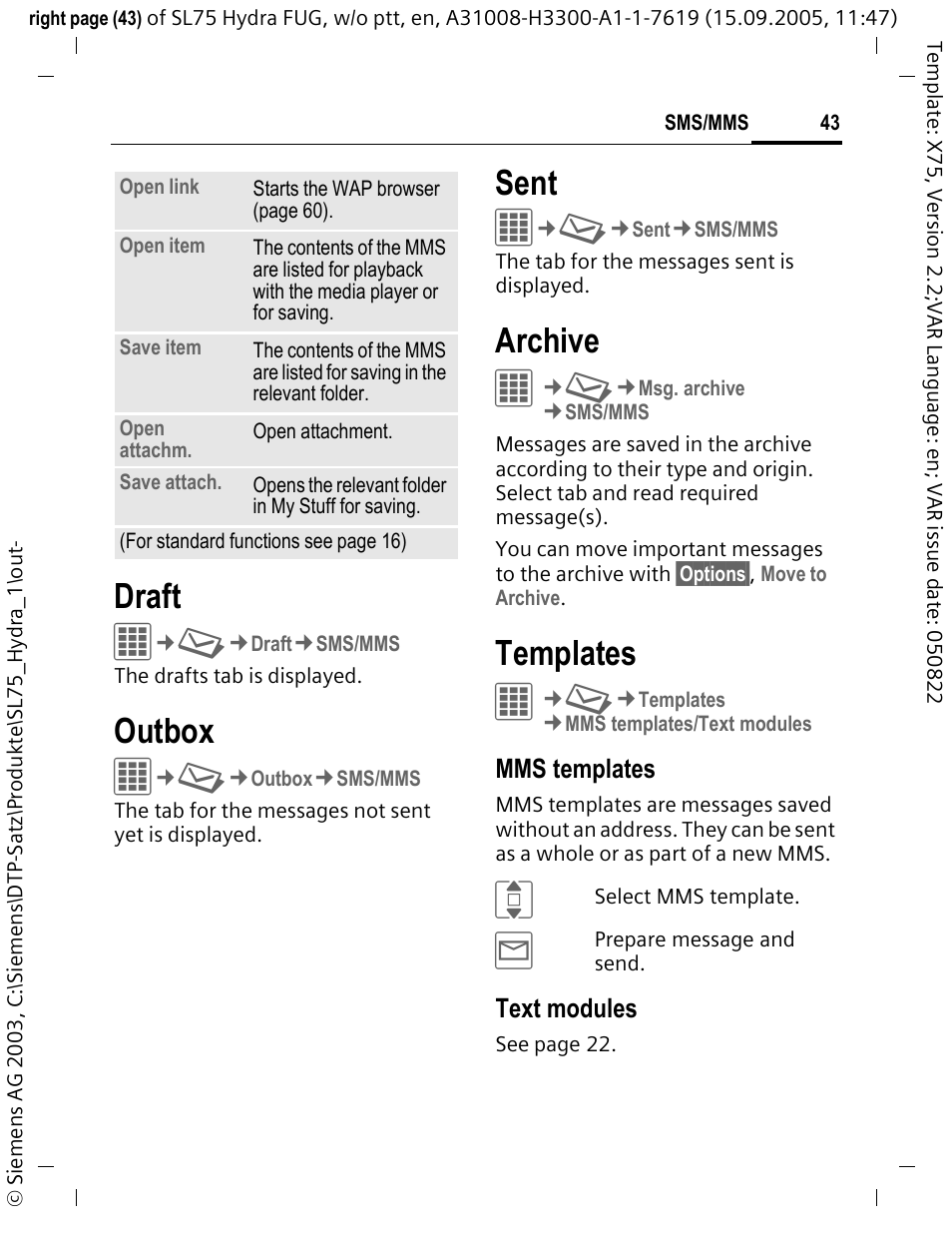 Draft, Outbox, Sent | Archive, Templates | Siemens SL75 User Manual | Page 44 / 139