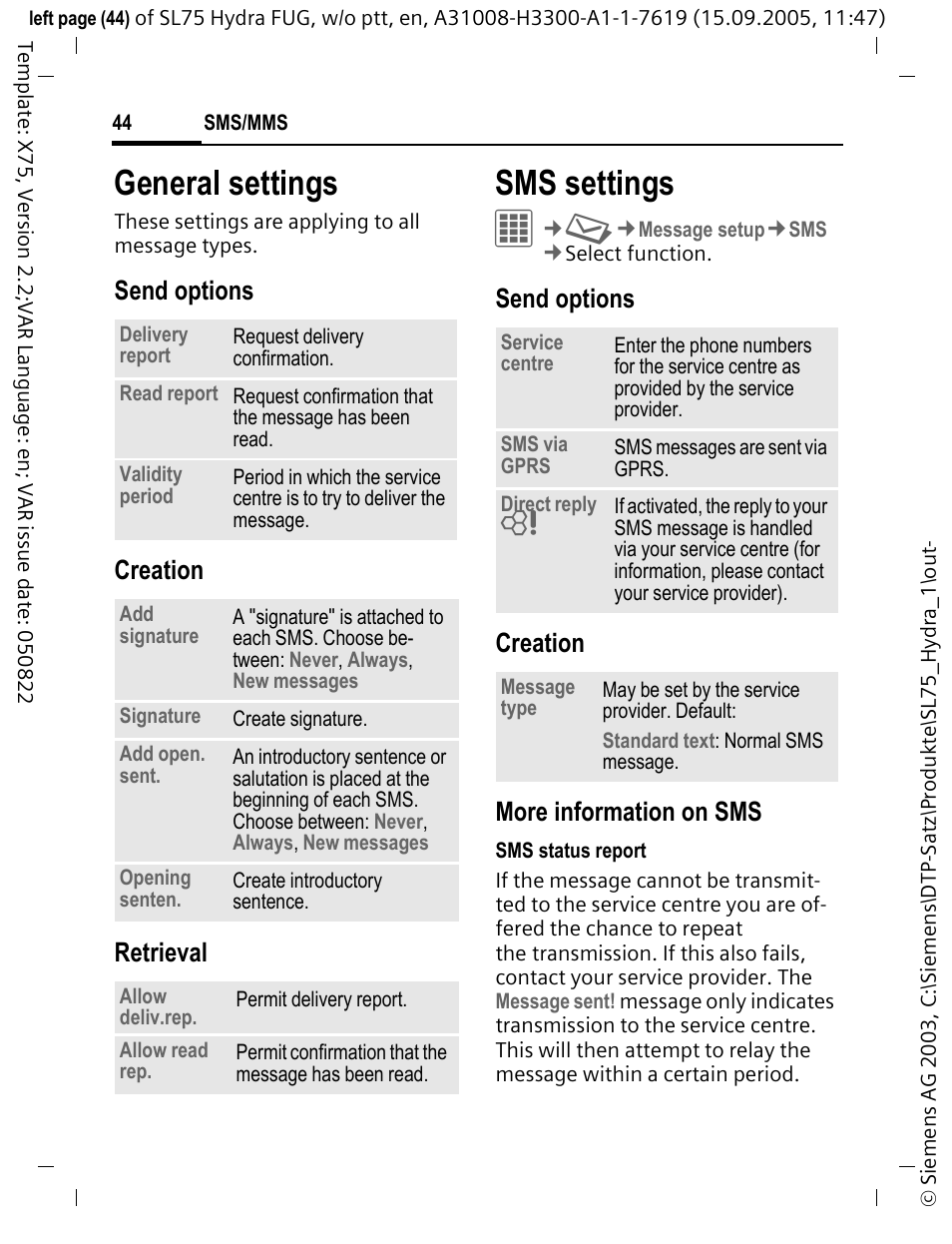 General settings, Sms settings, Send options creation retrieval | Send options creation more information on sms | Siemens SL75 User Manual | Page 45 / 139