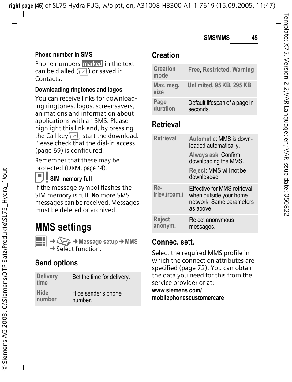 Mms settings, Send options creation retrieval connec. sett | Siemens SL75 User Manual | Page 46 / 139