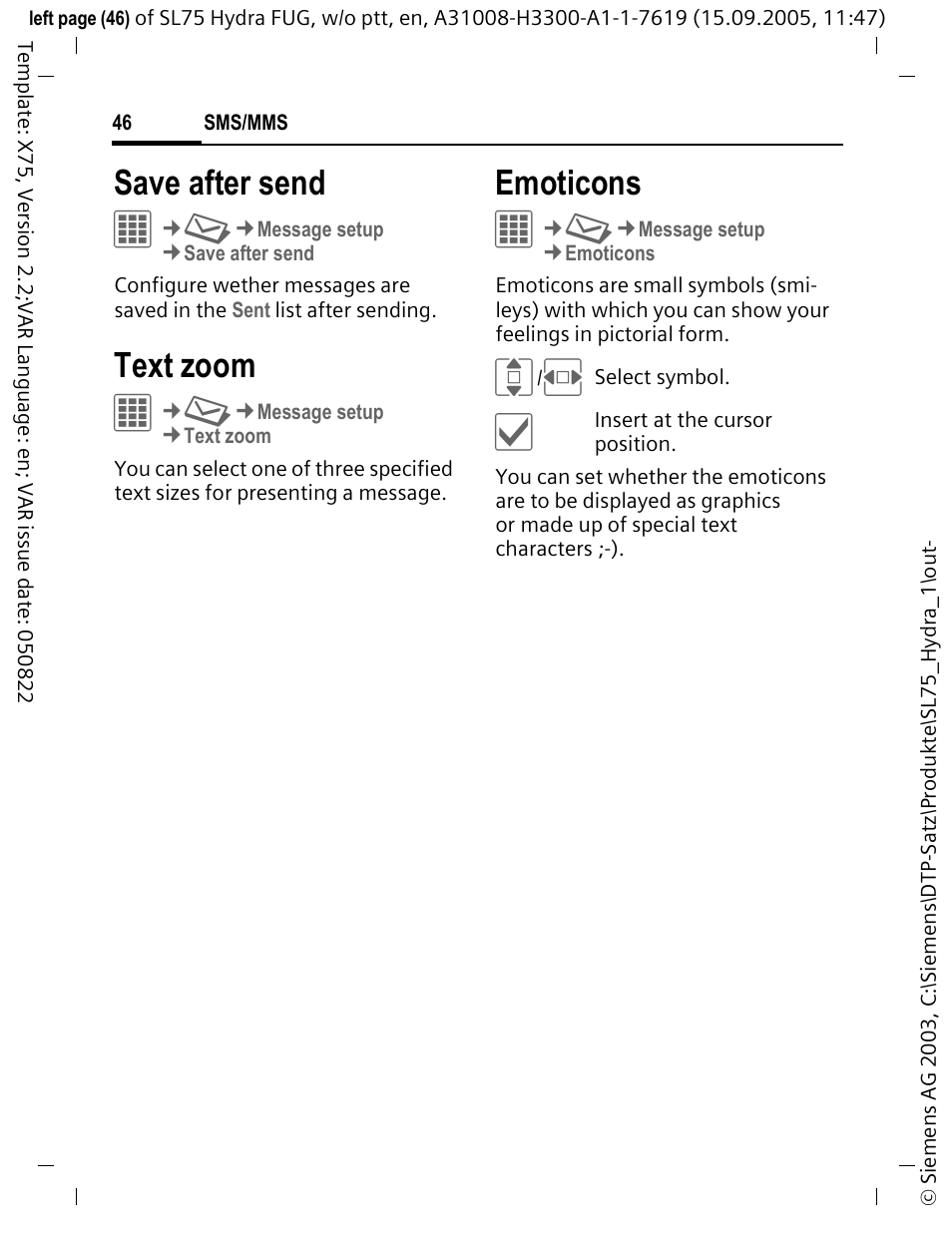 Save after send, Text zoom, Emoticons | Siemens SL75 User Manual | Page 47 / 139