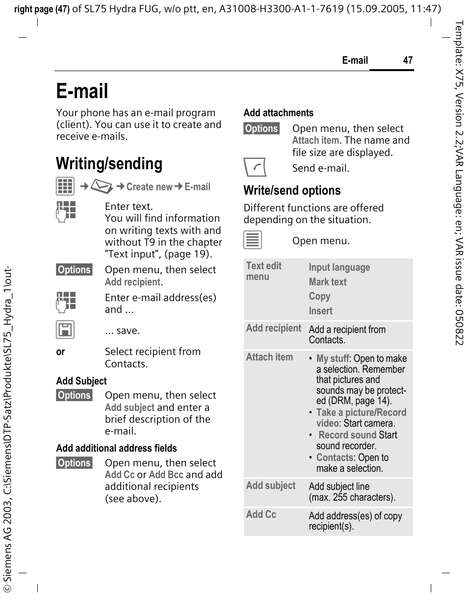 E-mail, Writing/sending, Write/send options | Siemens SL75 User Manual | Page 48 / 139