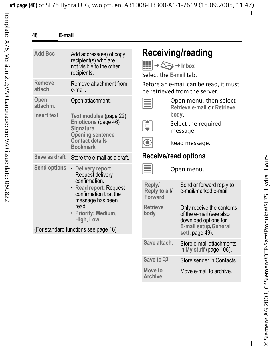 Receiving/reading, Receive/read options | Siemens SL75 User Manual | Page 49 / 139