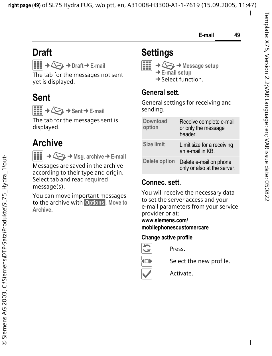 Draft, Archive, Settings | Sent | Siemens SL75 User Manual | Page 50 / 139