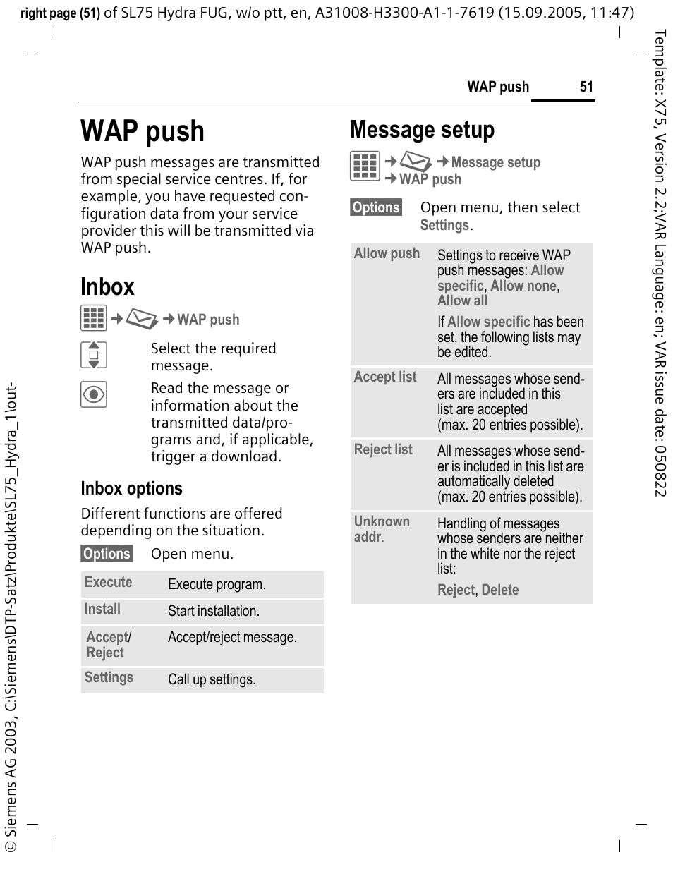 Wap push, Inbox, Message setup | Inbox options | Siemens SL75 User Manual | Page 52 / 139