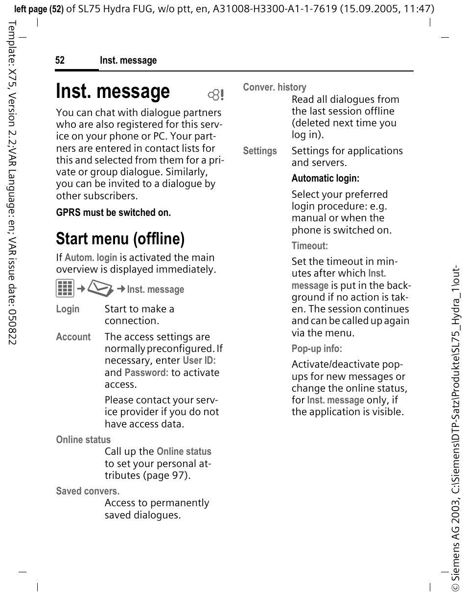 Inst. message b, Inst. message, Start menu (offline) | Siemens SL75 User Manual | Page 53 / 139