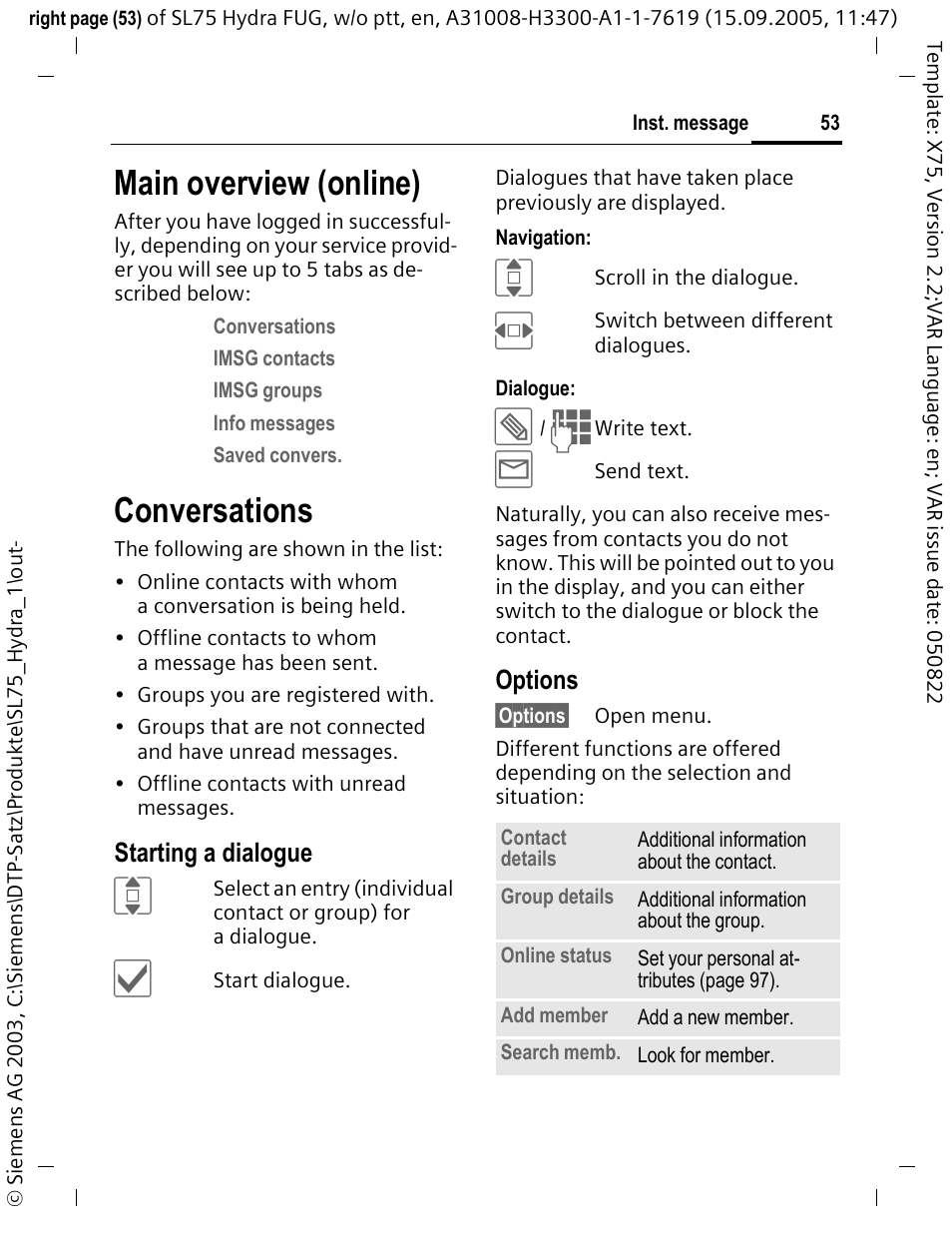 Main overview (online), Conversations, Starting a dialogue | Options | Siemens SL75 User Manual | Page 54 / 139