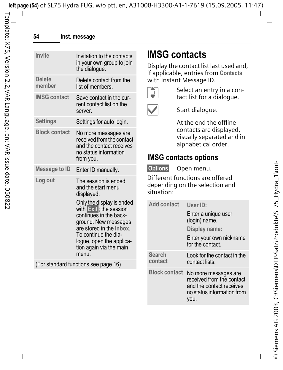 Imsg contacts, Imsg contacts options | Siemens SL75 User Manual | Page 55 / 139